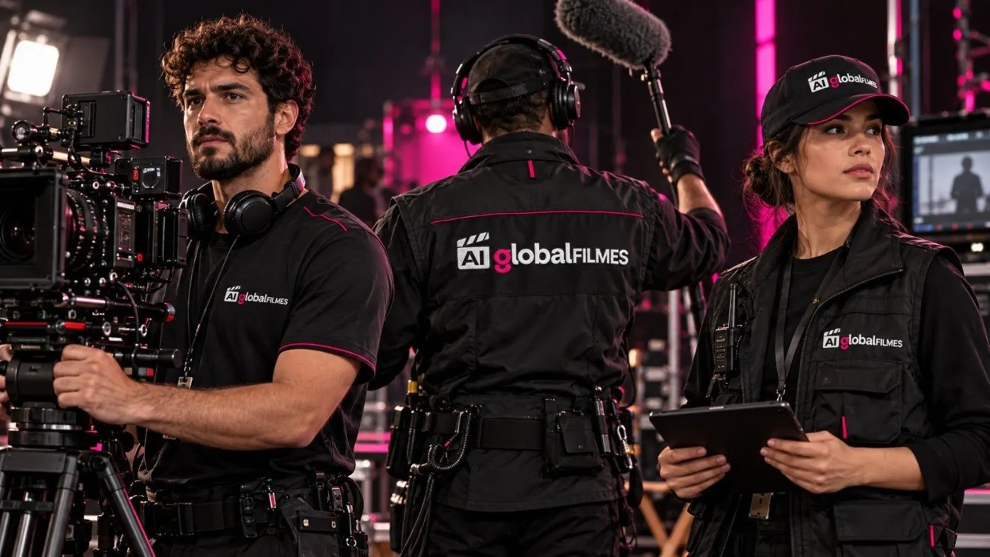 Equipe da AI Global Filmes com câmera e áudio