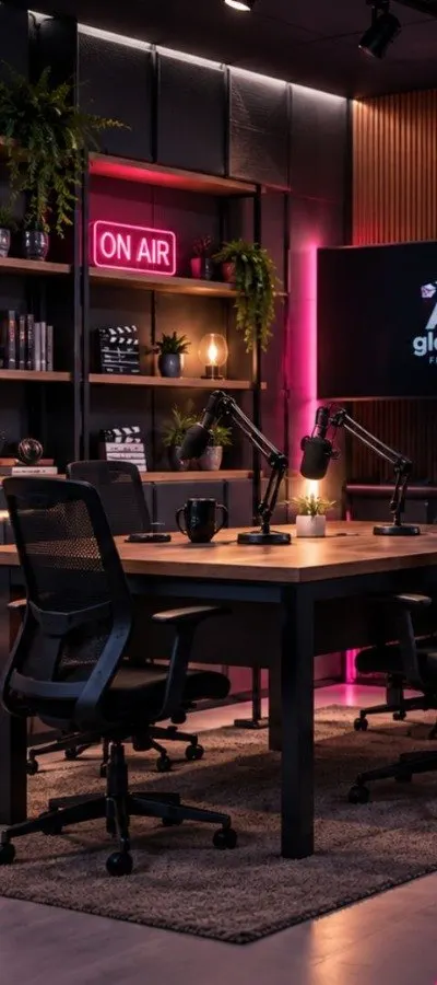 Cenário de podcast com placa On Air